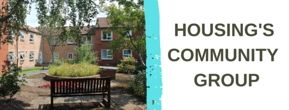 Southfields court communal garden and text saying Housing's community group