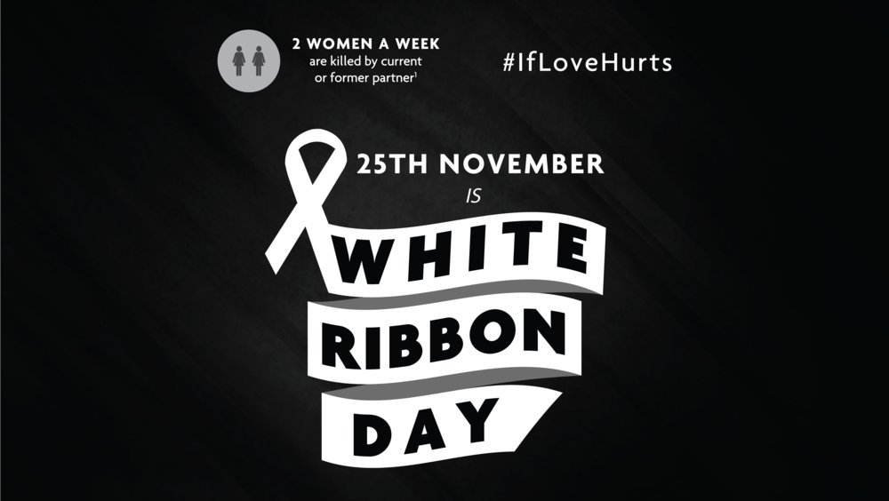 Black background with white text saying 25th November is white ribbon day with a white ribbon 