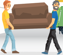 two cartoon people lifting brown sofa