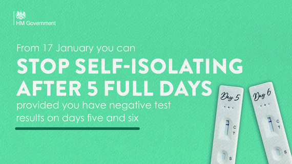From 17 Jan you can stop self-isolating after 5 full days if you provide a negative test on days five and six