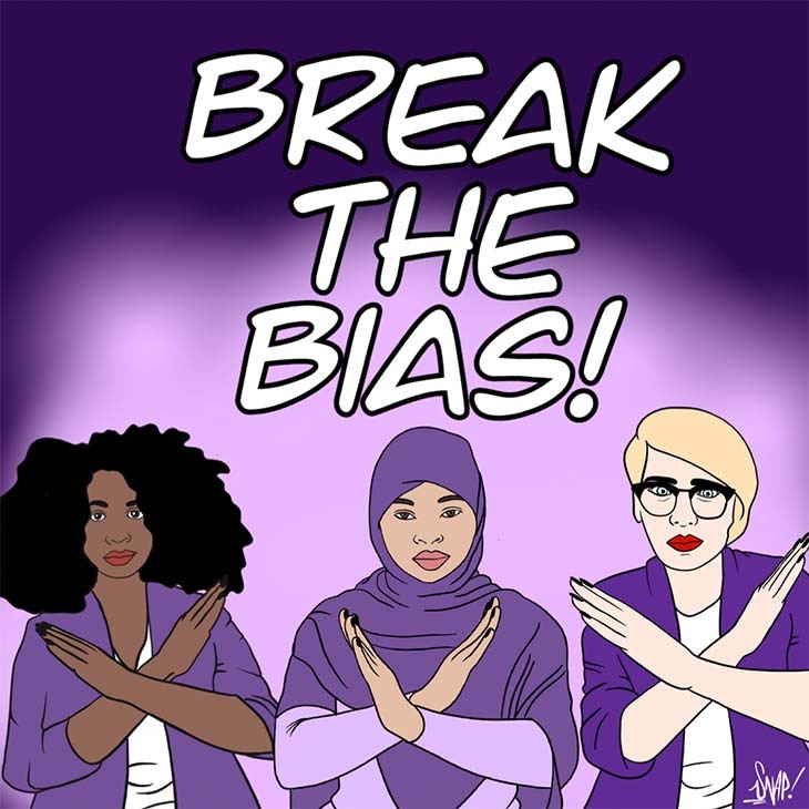 Break the Bias - 3 animated women making a X with their arms infront of them
