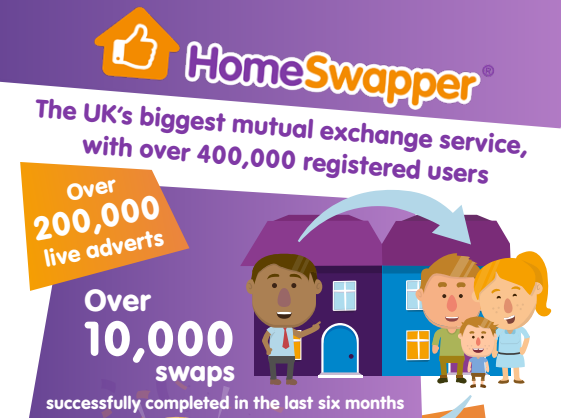 Homeswapper leaflet - purple and orange block shaped. With wording