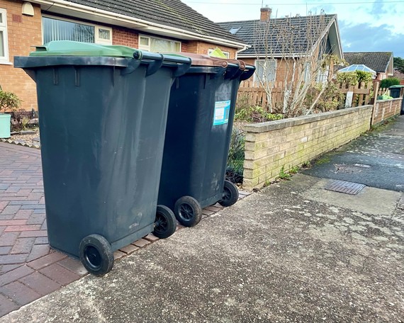 A recycling bin and a garden waste bin