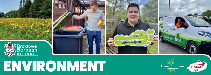 Images of someone using their recycling bin, electric van, holding the green rewards carbon foot and wildflowers