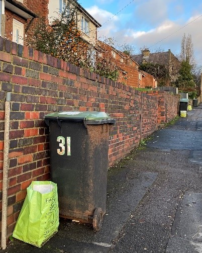 A green lidded recycling bin and a glass bag