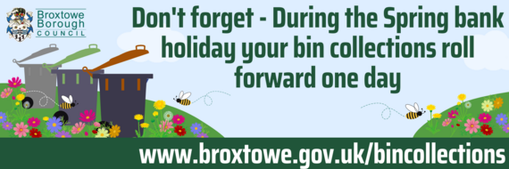 Bins on grass with flowers and bees buzzing, don't forget your bin day will roll forward