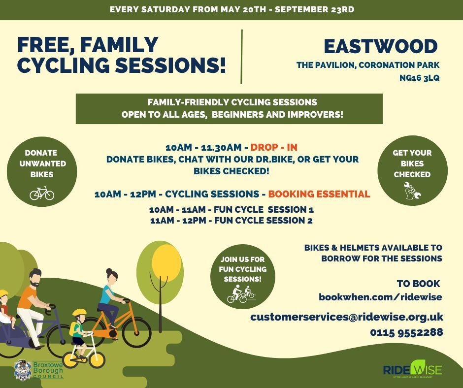 cartoon family cycling and text on the poster