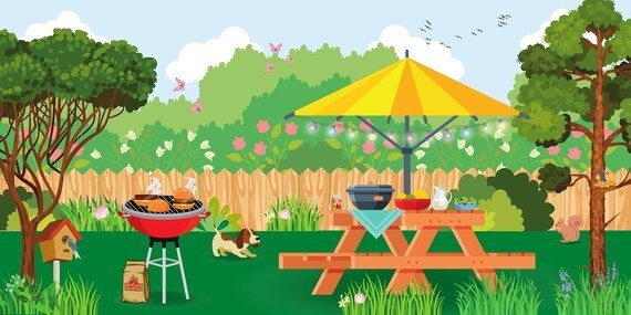 cartoon garden with picnic bench, bbq, plants and little dog