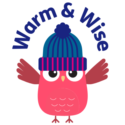 pink cartoon owl wearing a blue bobble hat with wings spread out