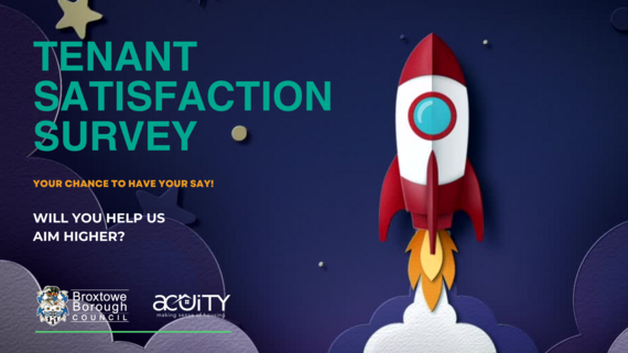 Tenant satisfaction survey - Blue Background with cartoon rocket ships launching off