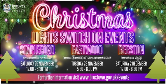 Christmas lights switch on poster - neon wording on a Christmas tree background