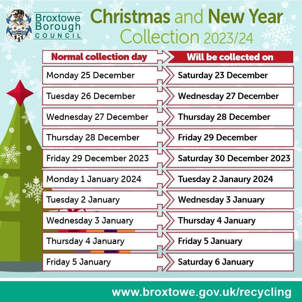 Bin collection calendar in a table with festive background