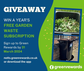 Details about how to win a year's free Garden Waste Subscription with two images of a garden waste bin