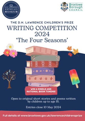 DH Lawrence museum poster writing competition four seasons picture of books, autumn leaves, lolly, frosted tree and flowers