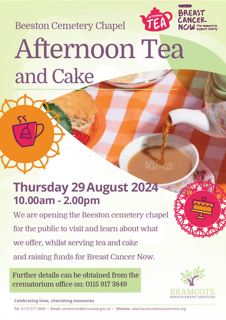 Poster for afternoon tea at Beeston Cemetery on Thursday 29 August 2024