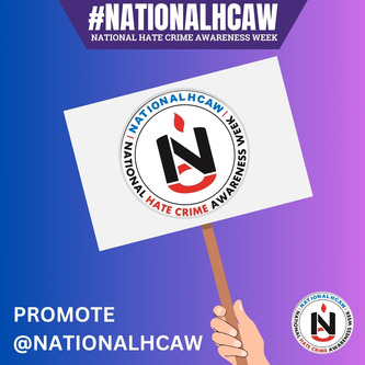 An illustration of a hand holding a sign that has the National Hate Crime Awareness Week logo