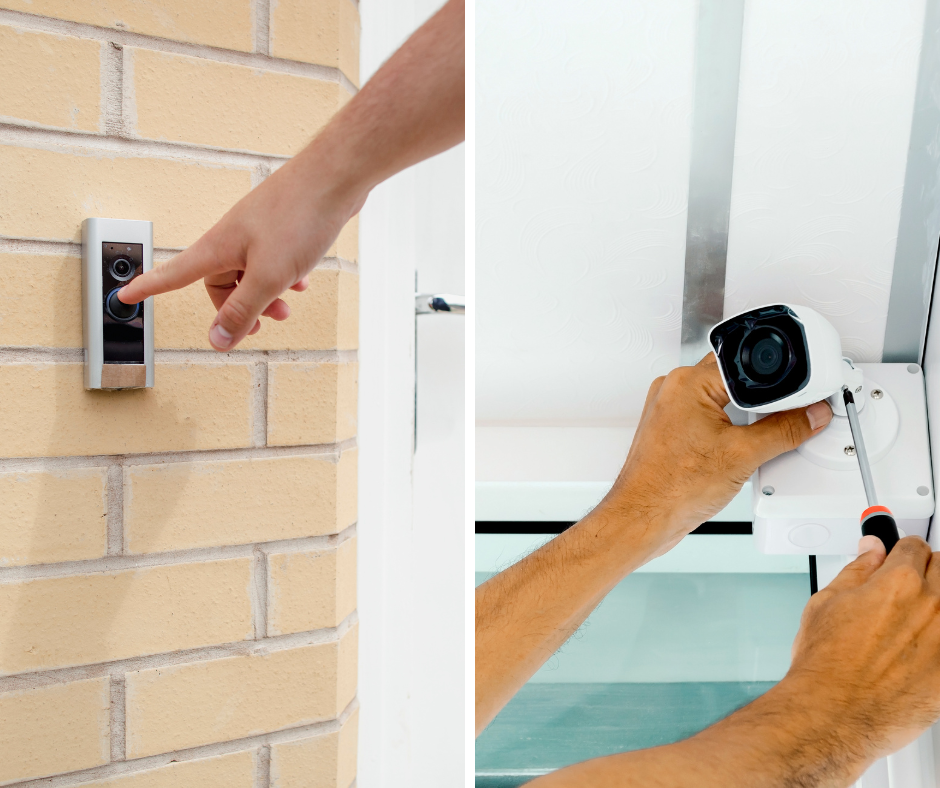 left image - person pressing doorbell camera and right image person installing a white camera in the corner