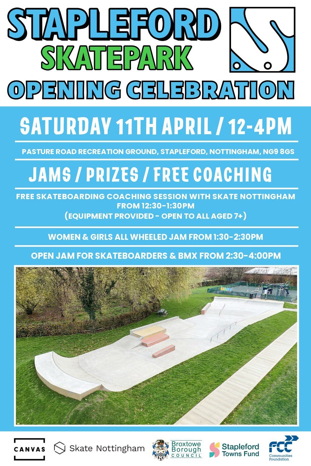 Blue poster with a picture of the skatepark. Text contains event details which are also in the caption.