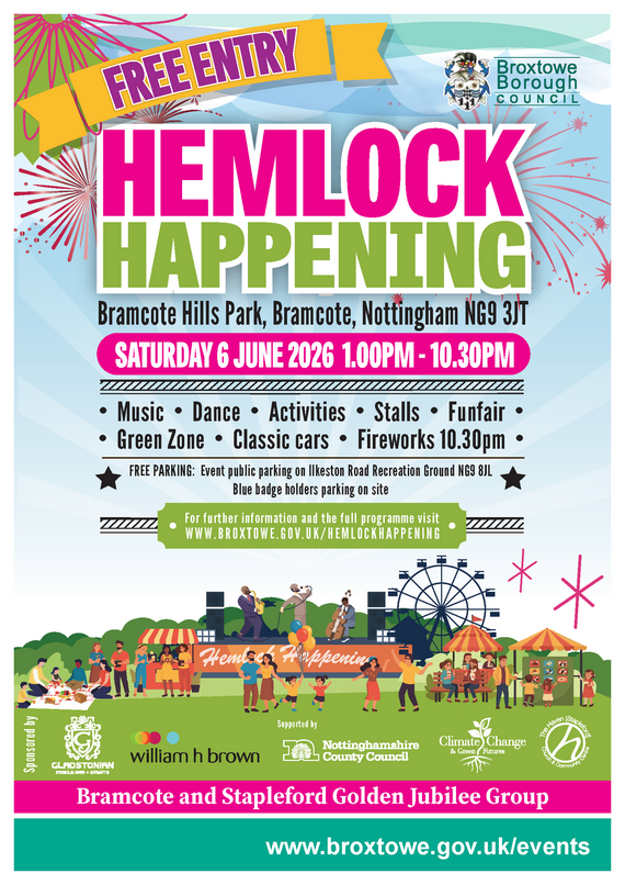 Hemlock Happening poster promoting the event at Bramcote Hills Park on 6 June between 1:00pm and 10:30pm