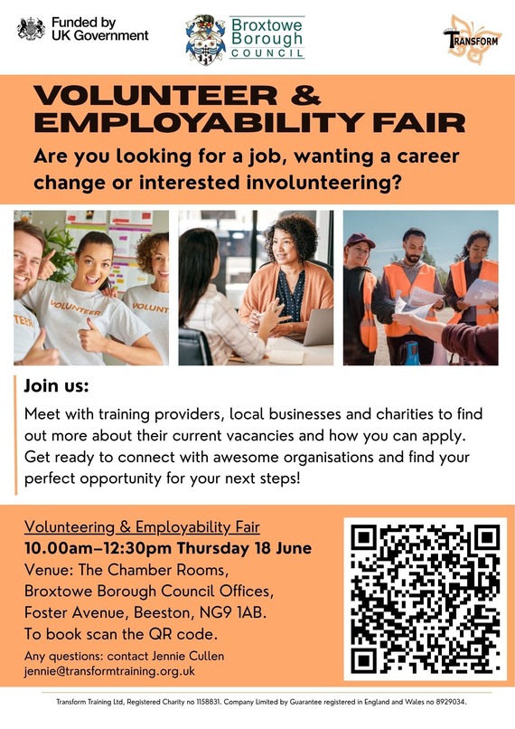 Poster for the Volunteer and Employability Fair taking place at the Broxtowe Borough Council Officers on 18 June between 10:00am and 12:30pm