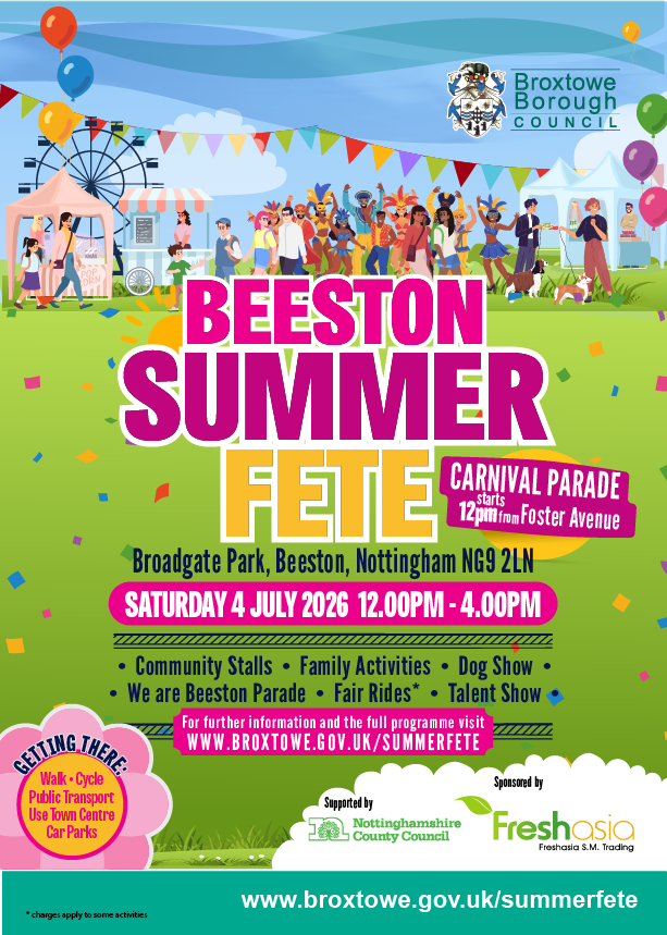 Beeston Summer Fete poster promoting the event on 4 July in Broadgate Park