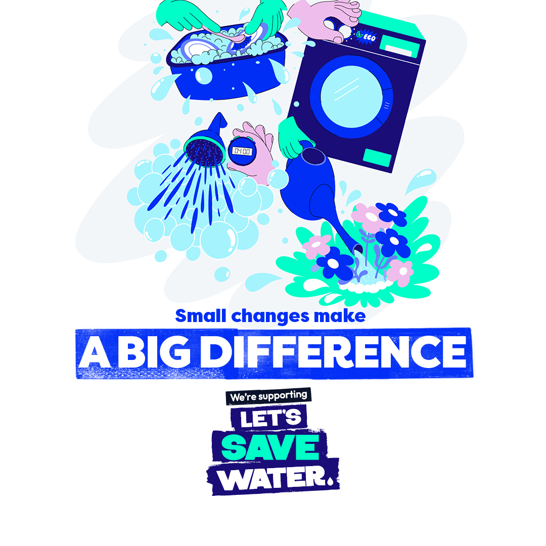 Let's Save Water campaign poster stating "small changes make a big difference" with images of choosing less water intensive actions