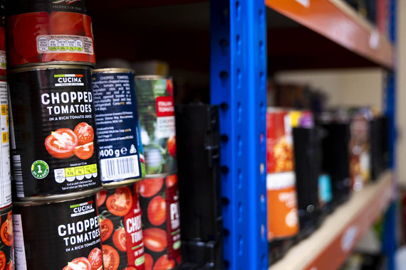Photograph of various foodbank items on a shelf