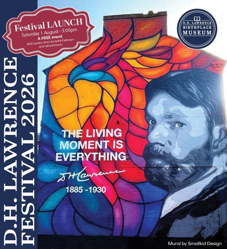 D.H. Lawrence Festival broucher front cover, featuring the mural of the author and a phoenix. 