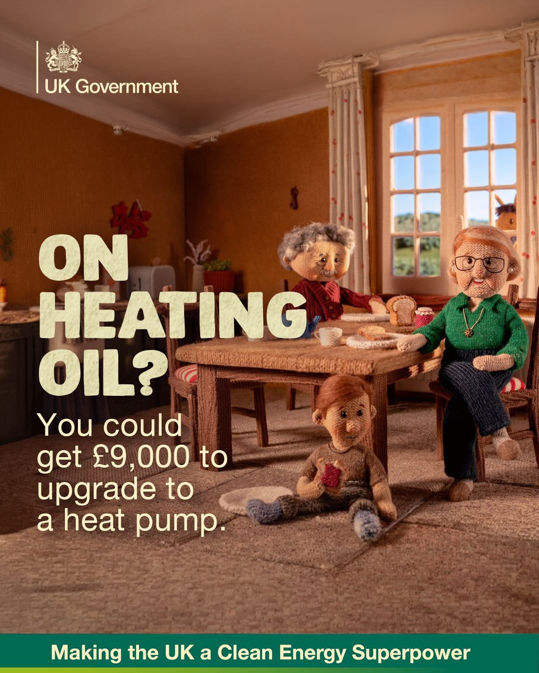 Graphic of a family made from wool stating that people on heating oil could get £9,000 to upgrade to a heat pump.