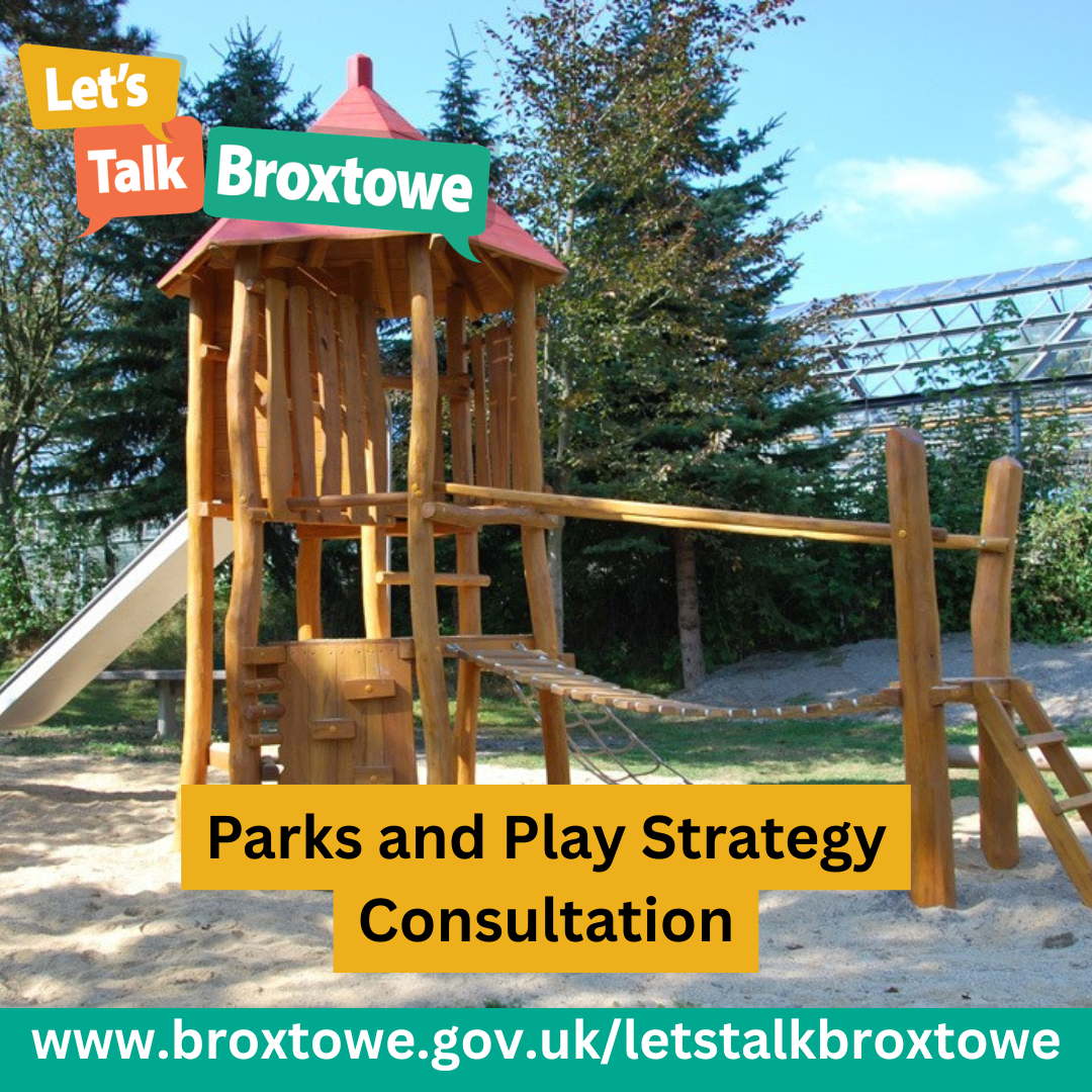 Image of a children's play equipment with the text "Parks and Play strategy consultation"