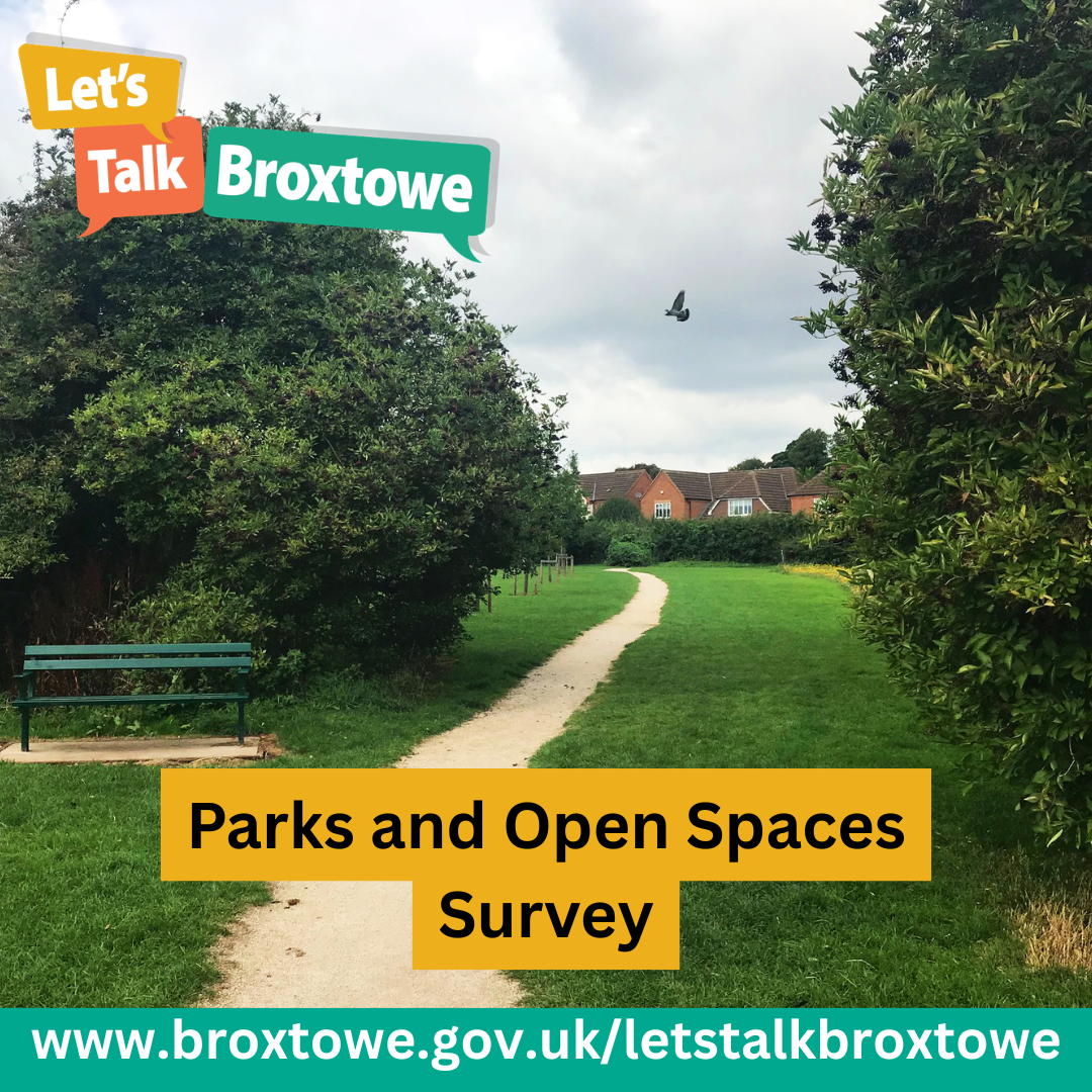 Image of a path in a park between two trees with the text "Parks and Opens Spaces Survey" written underneath