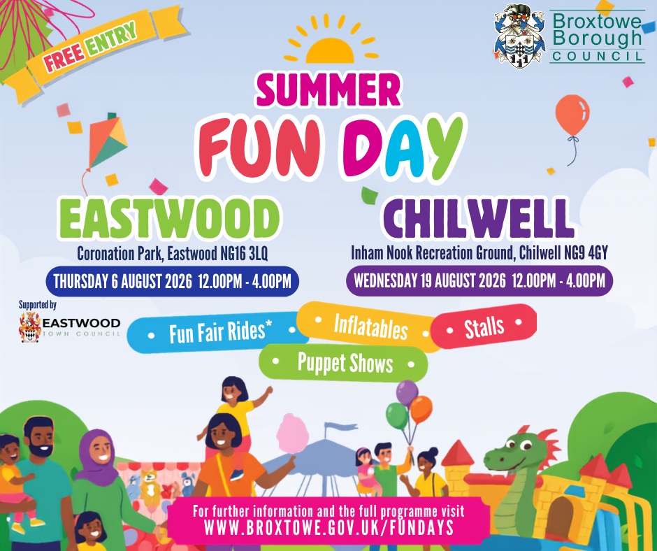Summer Fun Day poster promoting the event in Eastwood on 6 August and Chilwell on 19 August