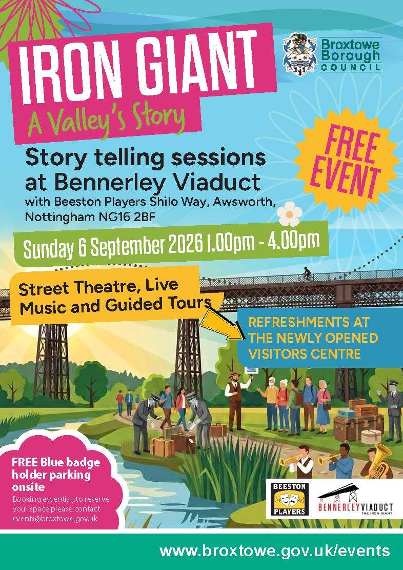 Poster for the Iron Giant: A Valley's Story event at Bennerley Viaduct taking place on 6 September between 1:00pm and 4:00pm