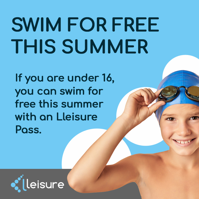 Smiling child in a swim cap and goggles next to the text "Swim for Free this summer"