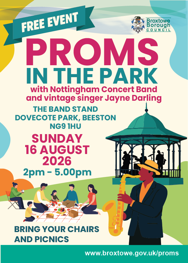Proms in the park poster promoting the event at Dovecote Park on Sunday 16 August between 2:00pm and 5:00pm