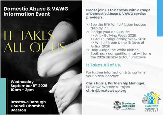Broxtowe Women's Project 'It Takes All Of Us' event poster for 9 September between 10:00am and 2:00pm in the Council Chamber