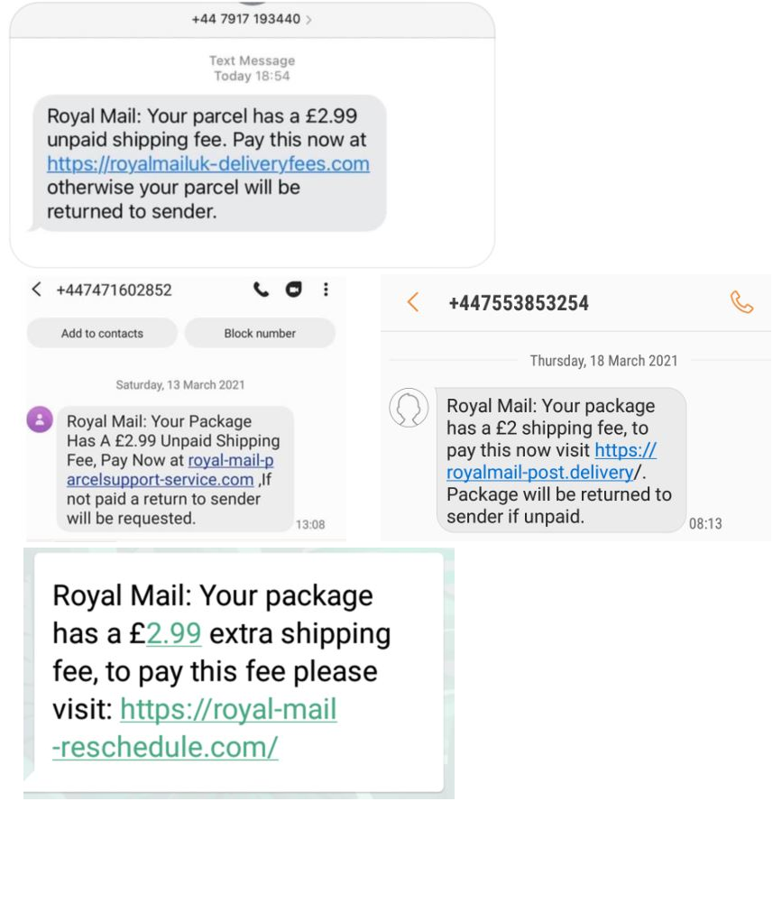 Screenshots of 4 Royal Mail text message scams