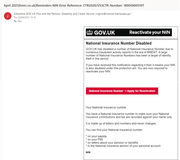 Scam email saying people's National Insurance numbers have been disabled and asking them to click a link to reactivate 