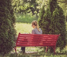 Photo of a lady reading on a bench in nature crop