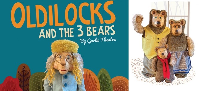 The text oldilocks and the three bears by Garlic Theatre and photographs of an elderly puppet and three bear puppets