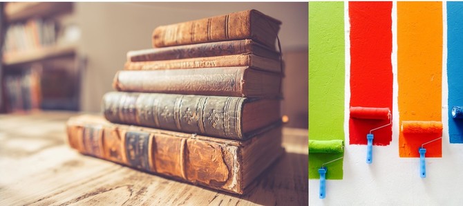 image of a stack of books and colourful paint being rolled onto a white wall