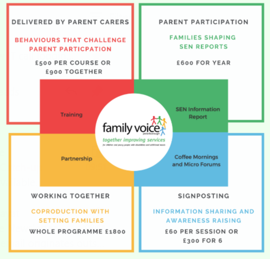 Graphic showing the four sections of support Family voice offer schools.