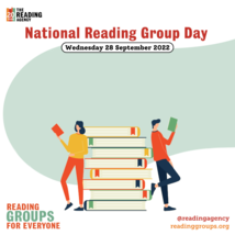 National Reading Group Day - illustration of two people reading leaning against a stack of books.