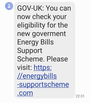 Phishing text re Energy Bills Support Scheme