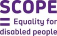 Scope Logo: Purple word SCOPE with the = sign and the words Equality for disabled people
