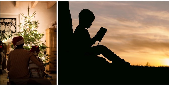 a couple in front of a christmas tree and a boy reading at dusk