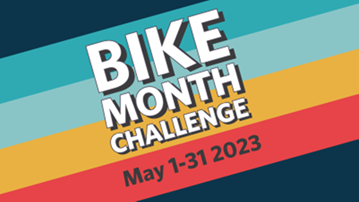 Bike Month Challenge logo May 1st - 31st 2023, white letters on a rainbow coloured striped background