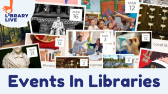 Library.Live Events in Libraries. Image made up of many small photographs, each with a date in the corner.