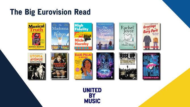 The Big Eurovision Read logo. United by music. Blue writing on a white background. Featuring book covers selected for the Big Eurovision Read.