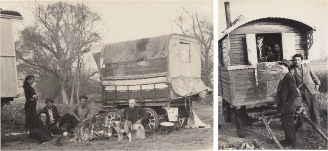 Two historical images showing family group outside covered caravan.